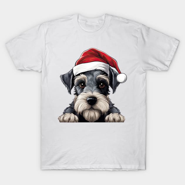 Christmas Peeking Miniature Schnauzer Dog T-Shirt by Chromatic Fusion Studio